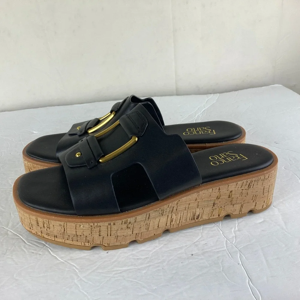 Franco Sarto Hesta Platform Sandals Womens 9.5M Black Cork Wedge Slide